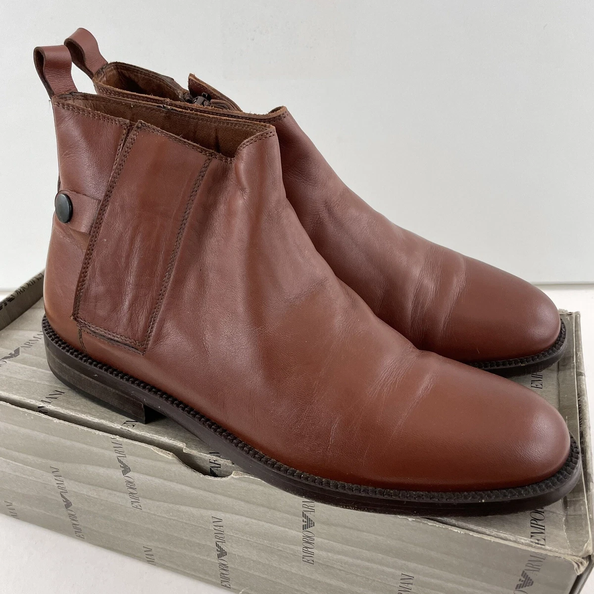 Emporio Armani Vitello Brown Leather Boots with Side Zipper Mens