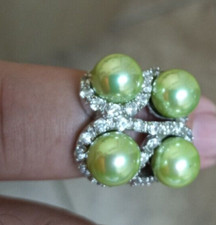 Vintage Sterling Silver 925 Four Green Pearl rhinestone Size 5 Ring 10.7g