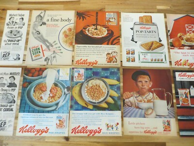 Lot of 10 Original Vintage Print Ad Ads 1940s-80s Kellogg's Baseball Corn Flakes