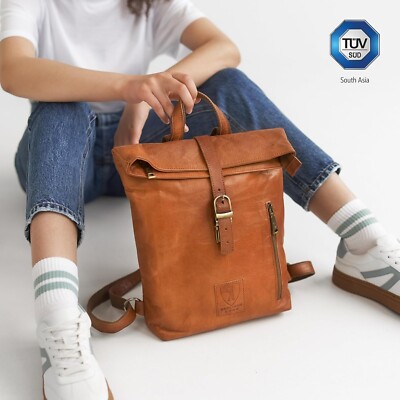 Vintage Genuine Leather Backpack for Women - Small Daypack with Roll-Top Closure Small Vintage Leather Backpack for Women Genuine Cowhide  main image 4