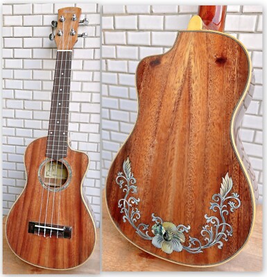Alulu Solid Acacia Koa Concert cutaway Ukulele, flower inlay HU1636