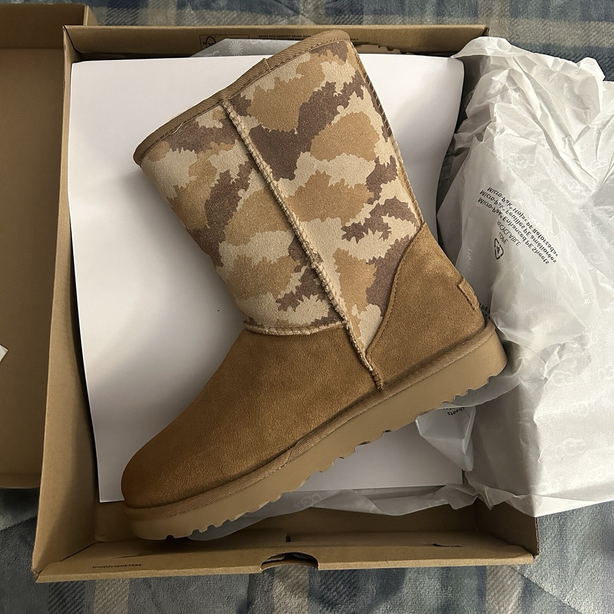 UGG SHORT JAGGED CAMO CHESTNUT SUEDE SHEEPSKIN WOMEN'S BOOTS