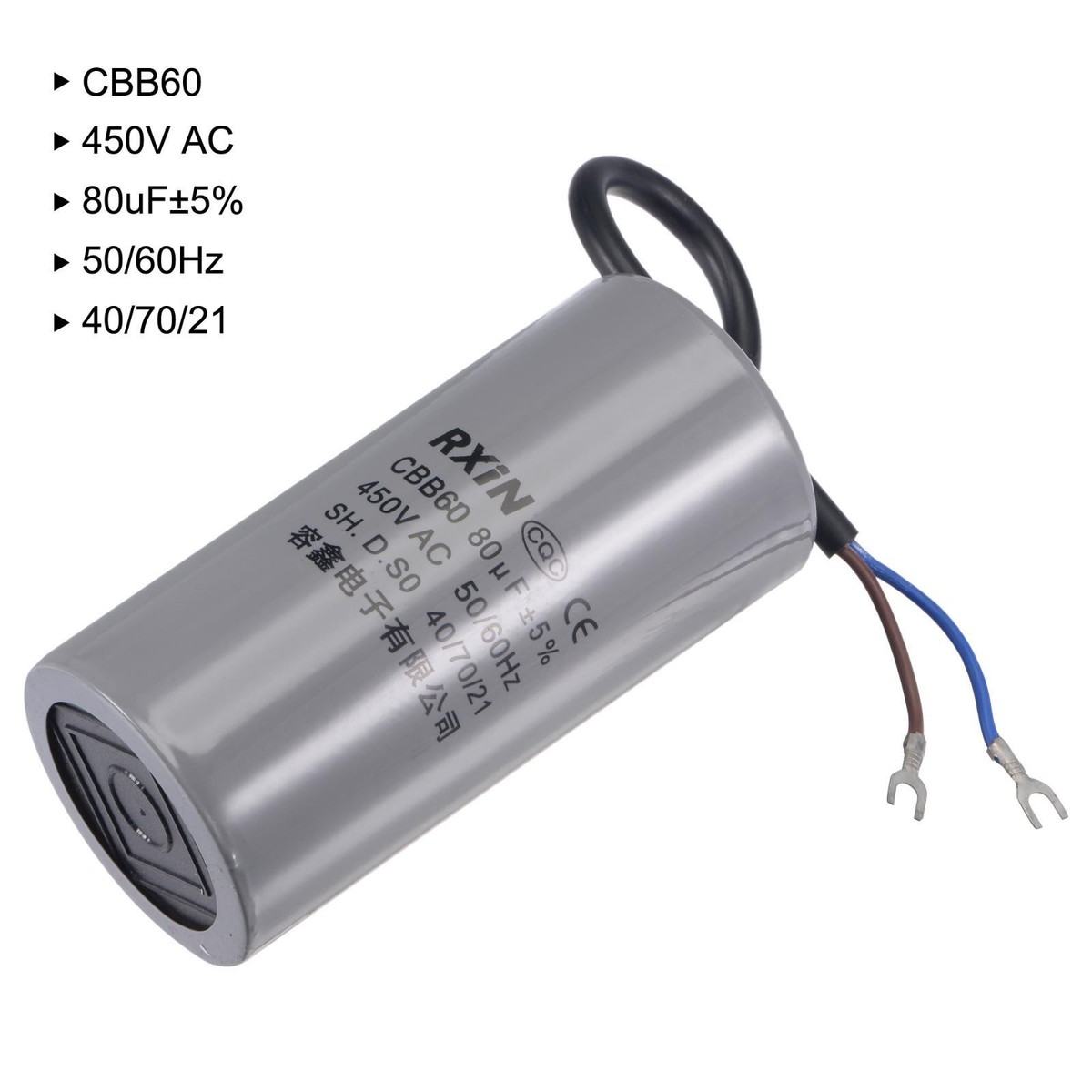 Condensateur Moteur CBB60 80µF 250V AC 50/60Hz - Cylindre 124x60mm, Marque Uxcell, Neuf