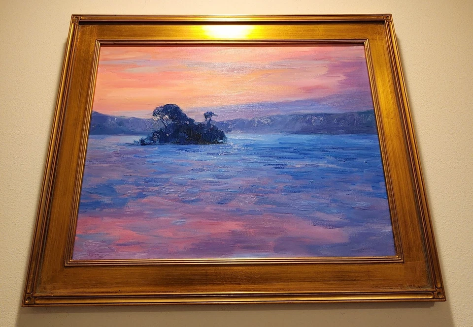 Pintura al óleo original de paisaje del suroeste americano puesta de sol en marco de hoja de oro Foto 4 de 4