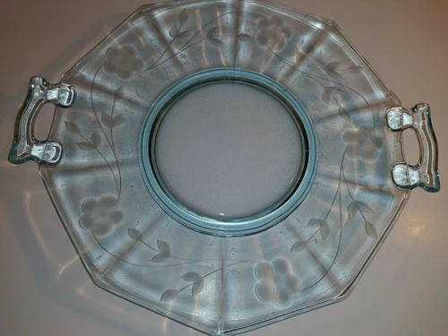 Imperial Glass Light Blue Etched Handled Platter/Tray/Centerpiece Octagon Shape