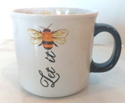 LET IT BEE Be 2-sided Shabby Chic 20 Oz Ceramic Mug Bumblebee Sunflowers Daisy