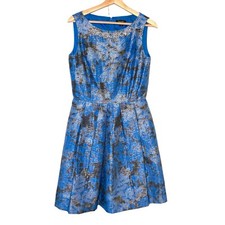 Tahari Floral Jacquard Dress Rhinestone Neckline 6 Fit and Flare Black Blue