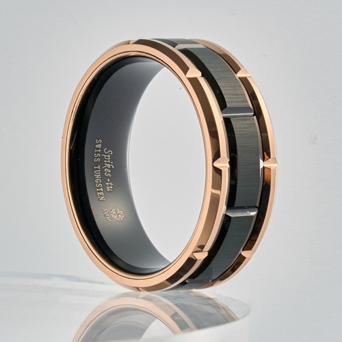 Anillo de tungsteno ATOP centro ranura patrón ladrillo joyería oro rosa/negro 8 mm - Imagen 4 de 10