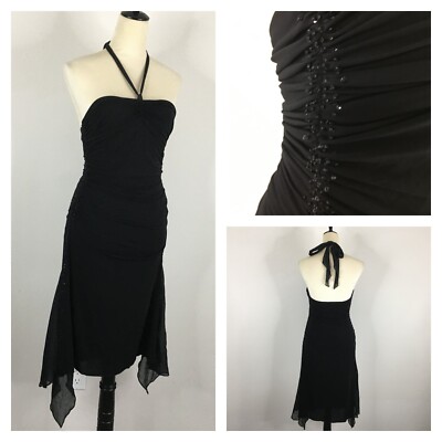 BCBGMAXAZRIA sz Medium Petite Black High Low Hem Embellished Beads Ruching Dress