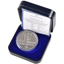 NORWAY 100 Kroner Silver Proof 1999 Celebrating New Millennium- With Box and COA