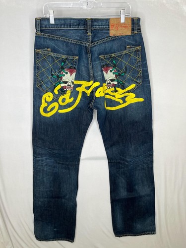 Ed Hary Jeans 36 Skull Embroidered Graphic Y2K Denim Christian Audigier Rare