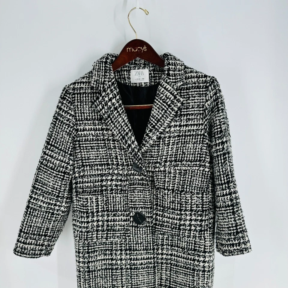 Abrigo Zara Manga Larga Cuello Dos Tonos Clásico Tweed Negro Blanco Talla (11-12) Foto 2 de 4