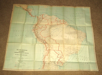 1910- PAN AMERICAN-SOUTH AMERICA- RAILWAY- ROUTE MAP-RAILROAD RIVER-OCEAN-33''