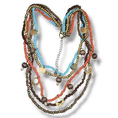 Multicolor Seed Bead Layered Necklace Boho Wood Beads Gold Tone Disc Charms 18''