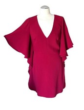 HALSTON HERITAGE DRESS FLUTTER BUTTERFLY SLEEVES RUY RED V NECK CREPE LINED 4 NW