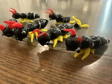Lot of 7 Art Glass Hand Blown Lamp Work Insects Black Body Yellow & Red Accents
