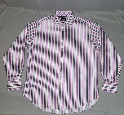 Neiman Marcus Shirt Mens Large Purple Stripe Button Up Long Sleeve Gingham Trim