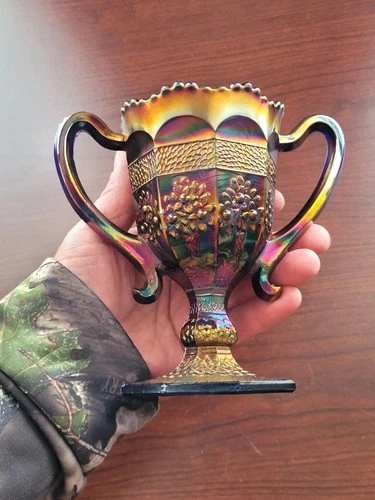 Pretty Fenton Carnival Glass Blue Orange Tree Pattern Loving Cup