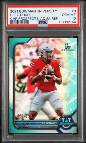 2021 BOWMAN CHROME UNIVERSITY CJ STROUD AQUA REFRACTOR /299 #3 PSA 10 GEM MINT