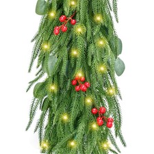 9FT Christmas Garland with Lights, Battery Operated Garland with Red Berries ...
