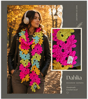 Handarbeit gehäkelt Schal rosa Blumen Dahlie Regenbogen hell Boho Frauen Geschenkpapier