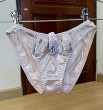 Vintage Shiny Pink Panty Slippery Polyester Hi Cut Bikini Floral Lace Brief Sz.5