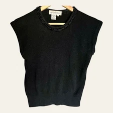 Quiet Luxury VTG Black Beaded Collar Wool Angora Knit Top Sleeveless Sz S