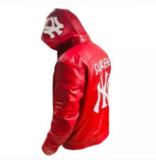 NY Yankees Pure Red leather Jacket With Removeable hooded