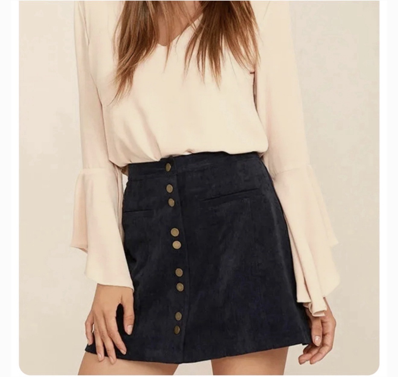 Lulus Navy Corduroy Polyester A-Line Mini Skirt High Rise Snap Buttons Pockets M