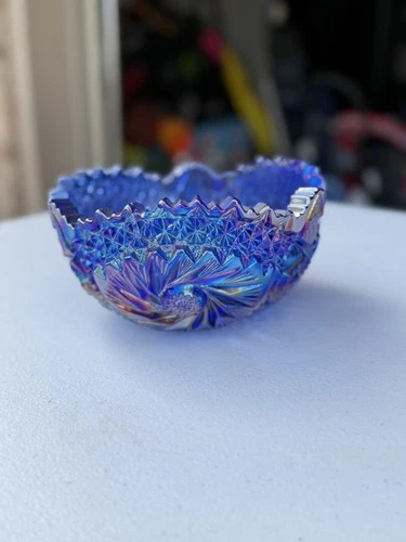 Vtg Imperial Carnival Glass Aurora Jewels In Cobalt Blue Geometric Flower 7"