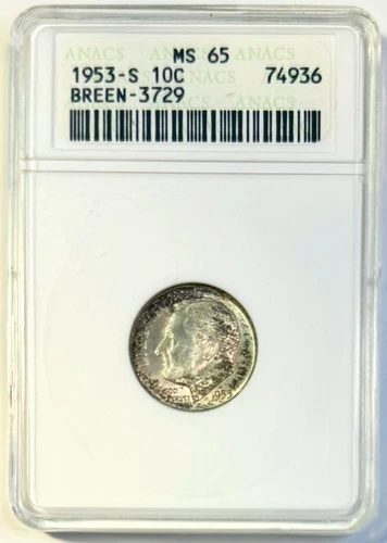 1953-S Roosevelt Silver Dime ANACS MS65 Old Soapbox Holder, Nicely Toned!