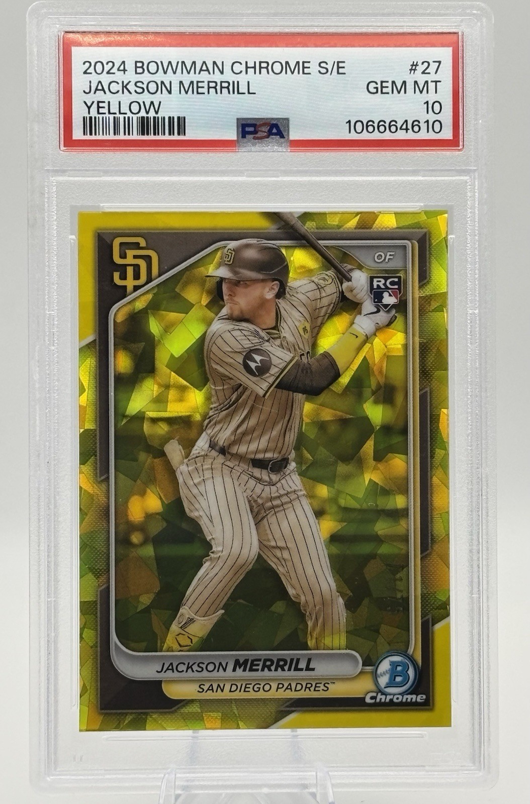 2024 Bowman Chrome Sapphire Jackson Merrill RC Yellow /75 #27 PSA 10 Color Match