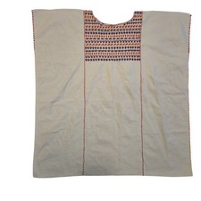 Vintage Mexican Huipil Hand Embroidered Animal Motif Cotton Tunic Off-White Boho