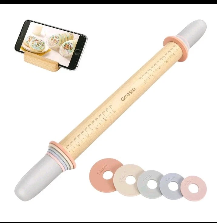 Wood Rolling Pin - Pastry Dough 5 Adjustable Thickness Rings Precise Hand Roller