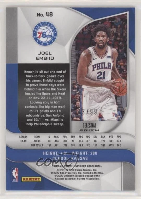 2019-20 Panini Spectra Celestial Prizm /99 Joel Embiid (Both Hands on Ball) #48 - Image 2 of 2