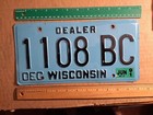 License Plate, Wisconsin, 1989 Dealer, 1991 sticker, 1108 BC