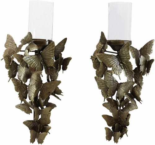 Set of 2 Flocking Butterfly Kisses Decorative Candle Holder Wall Sconce Plaques - Bild 1 von 5