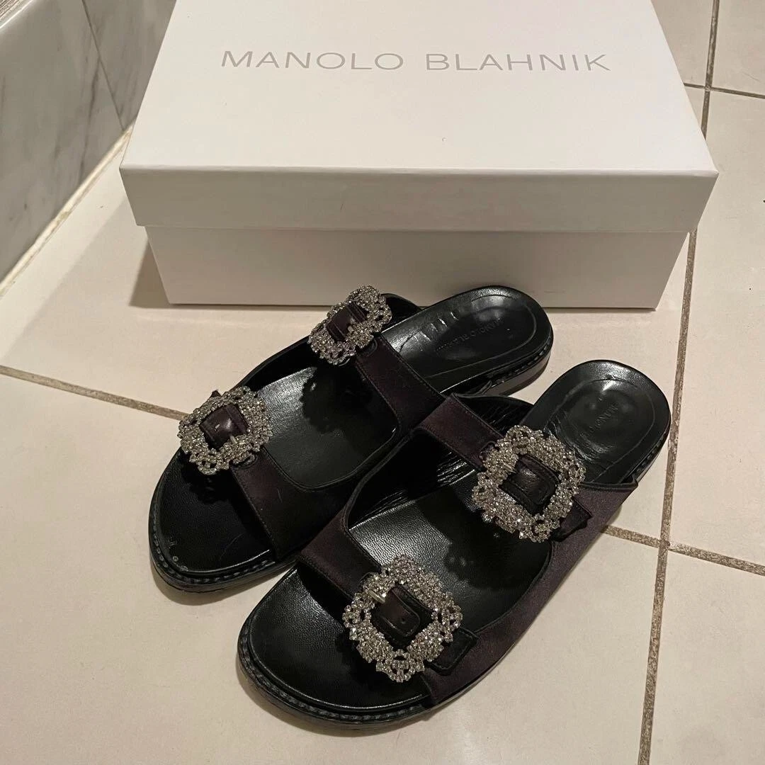 MBT Sandali Manolo Blahnik HANGISI neri con fibbia gioiello [US 7 EU 37] USATI Giappone FS
