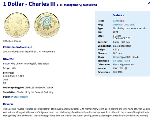 Canada coin 1$ dollar 2024 150y Birth L. M. Montgomery Author Anne Green Gables - Picture 4 of 10