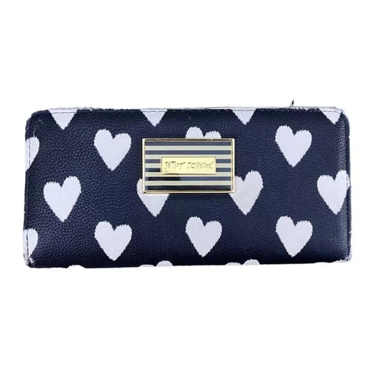 Betsey Johnson Clutch Wallet Black w White Hearts Snap Closure