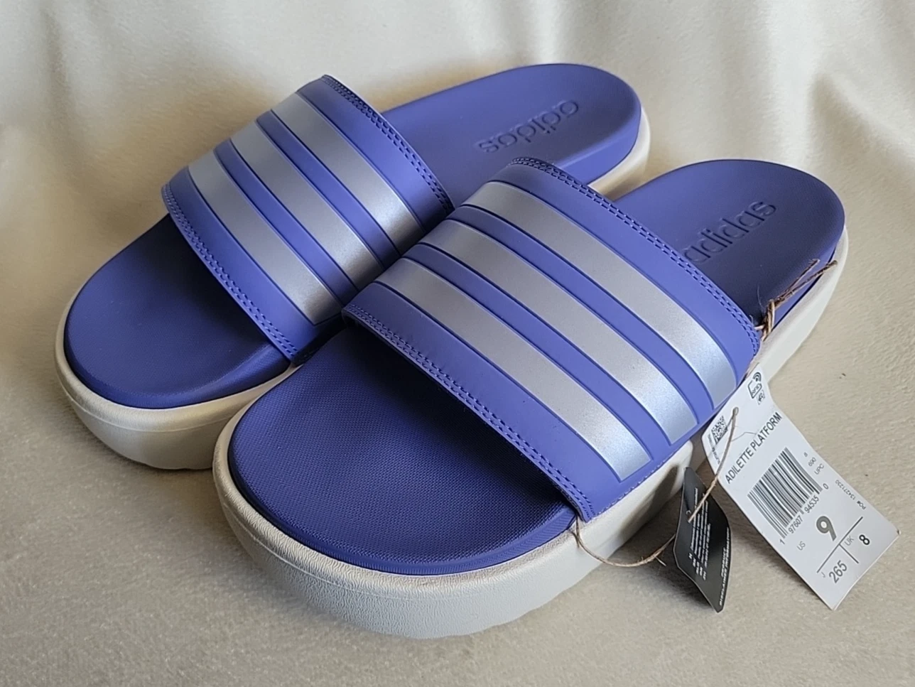 Adidas Adilette sandalo platform slides donna taglia 9 viola bianco nuovo con etichetta