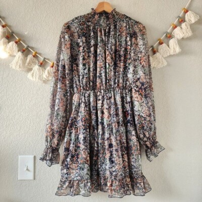 O.P.T Floral Metallic Smock Neck Fit&Flare Long Sleeve Mini Dress Navy Boho  M | eBay