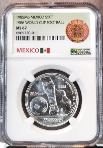 1985 MEXICO SILVER 50 PESOS FOOTBALL PLAYER & BALL NGC MS 67 SCARCE GEM COIN