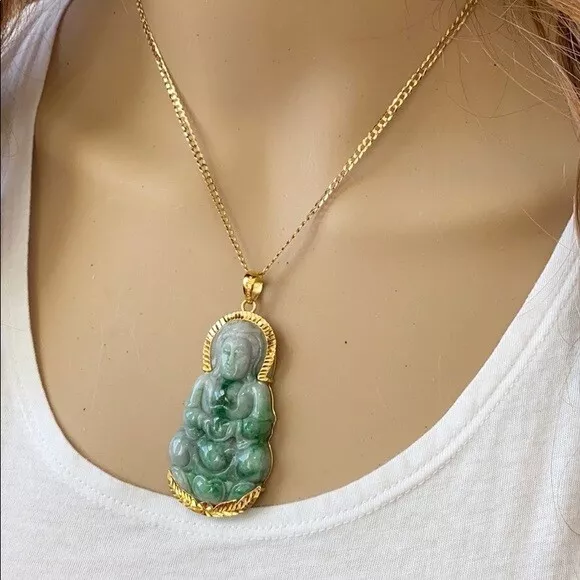 Real Gold Certified Natural Jade Kwan Yin Guanyin Female Buddha Pendant Large