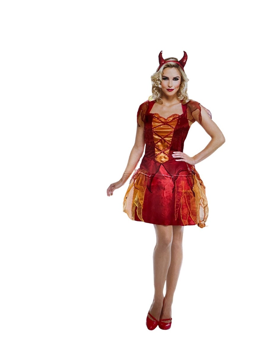 Costume Devil Women Junior Med 9-11 Halloween Red Dress Horn Headband Sequins Costume Devil Women Junior Med 9-11 Halloween Red Dress Horn Headband Sequins