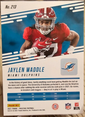2021 Panini Prestige Jaylen Waddle RC #213 Miami Dolphins