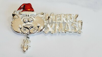 Merry Xmas Kitty Cat Face In Santa Hat Brooch Silver Tone #11-3