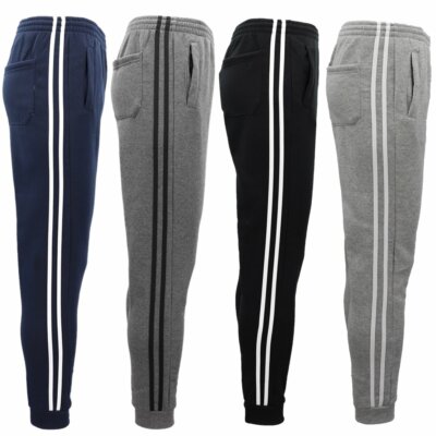 Men's Fleece Lined Striped Sweat Track Pants Cuffed Hem Casual Sports Trousers