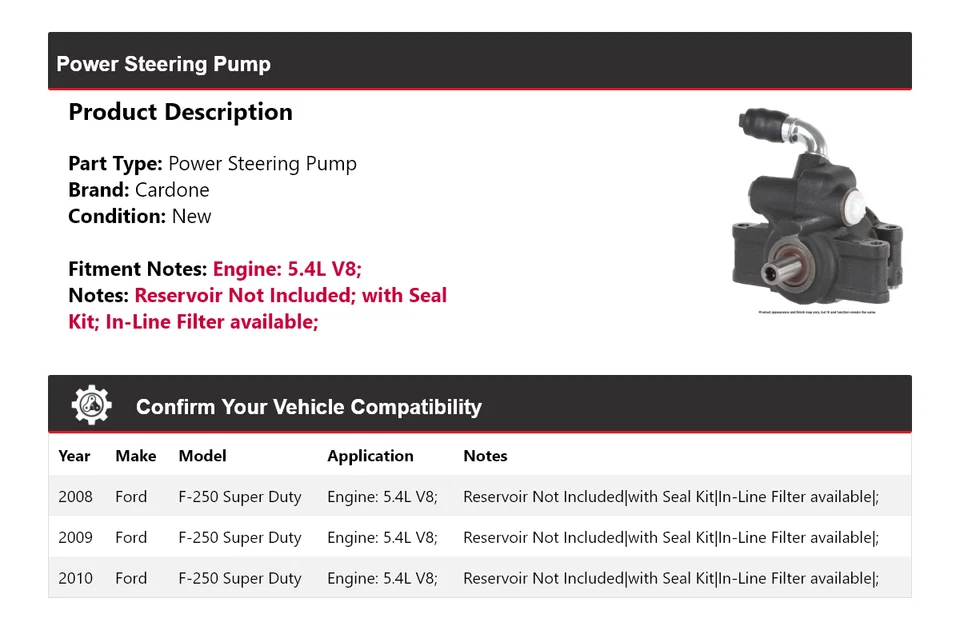 Насос гидроусилителя руля Cardone 2009 для 2008-2010 Ford F-250 Super Duty 5,4 л V8 - Изображение 2 из 4