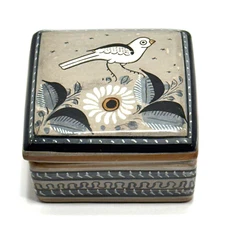 Vintage Tonala Mexico Signed Jimon Pottery Trinket Box Folk Art Bird on Flower